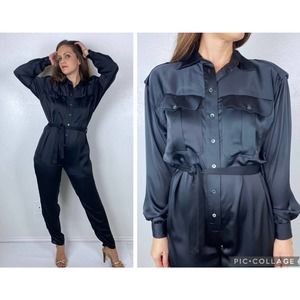 vintage 90s BLACK Liz Claiborne BELTED JUMPSUIT M/L utility military pantsuit